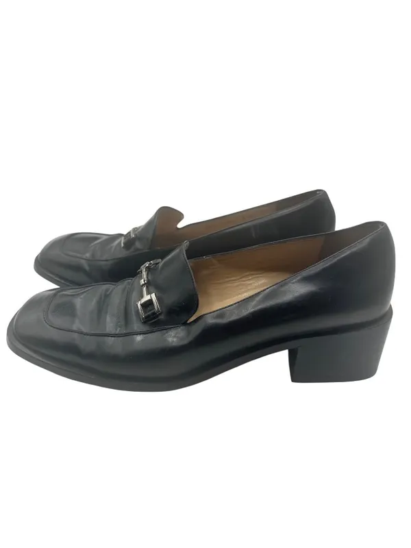 Gucci Size 9.5 Leather Block Heel Loafers Metal Buckle Details Black - Image 7