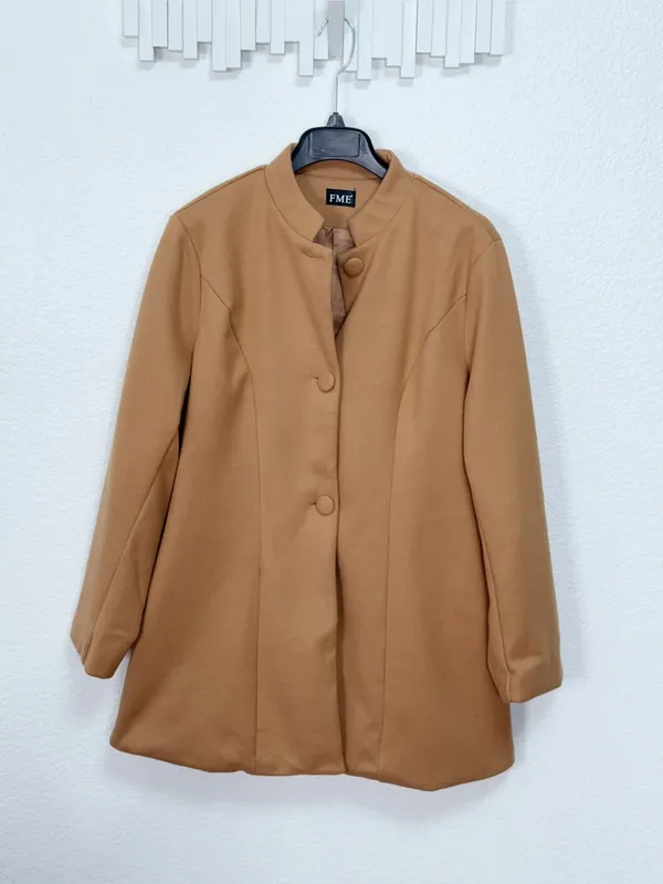 FME Camel Brown Longline Coat Stand Collar Button Front Minimalist Classic Jacke - Image 2