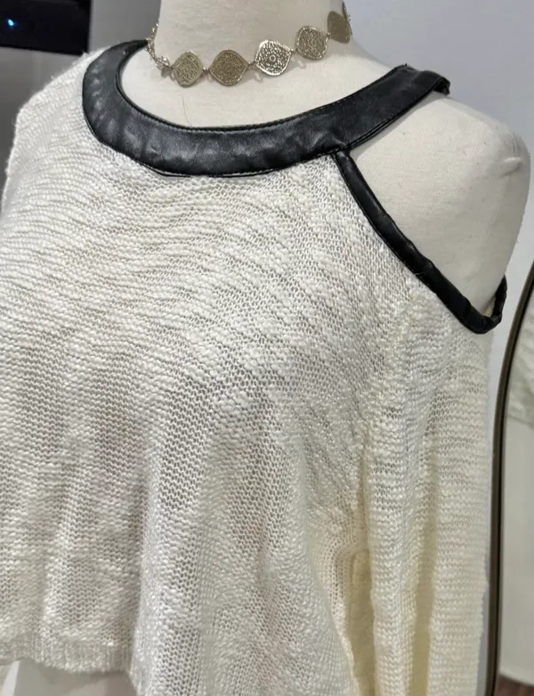 Rehab Cream Cold-Shoulder Knit Sweater with Black Faux Leather Trim - Image 2