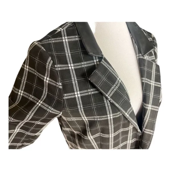 Womens Cato Faux Leather Black Plaid Duster Blazer Open Front Jacket - Sz M - Image 2