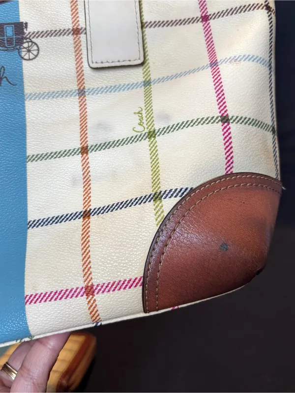 Vtg Coach Heritage Tattersall Plaid Coated Canvas Tote & Wallet with Blue Stripe - Image 14