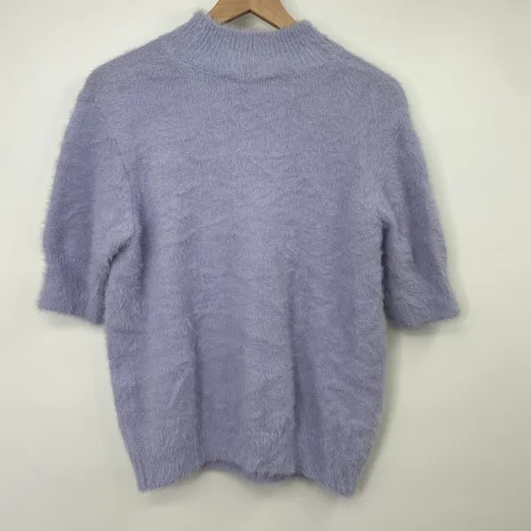 Marled Sweater Short Sleeve Eyelash Knit Mock Neck Lavender Purple Womens Large - Image 2