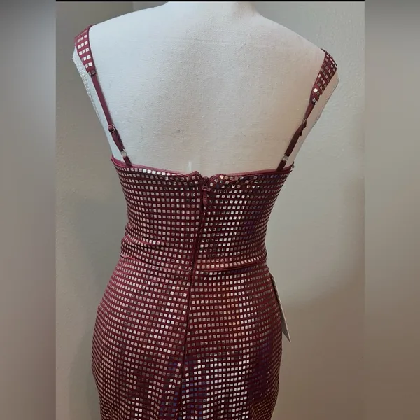#730 Burgundy & Silver Square Sequins Mini BodyCon Dress - Size 0 (XS) - Image 4