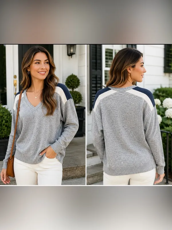 Abercrombie & Fitch Heather Gray Colorblock V-Neck Pullover Sweater Small - Image 2