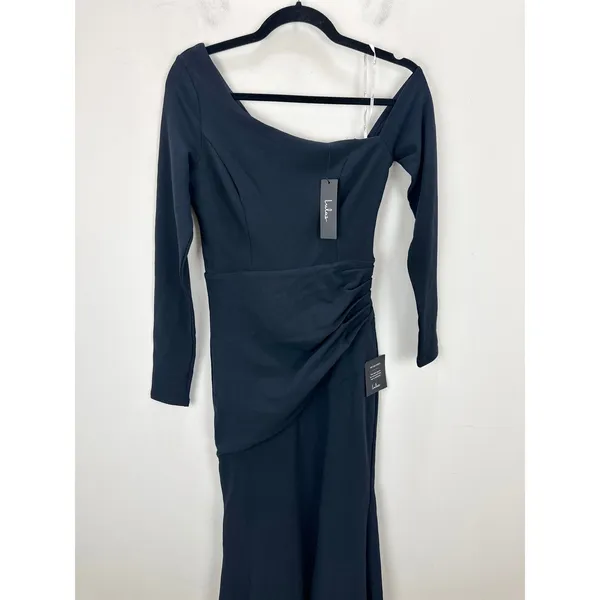 Lulus Elegant Sensation Navy Blue Asymmetrical Pleated Maxi Dress Formal XS NWT - Image 6