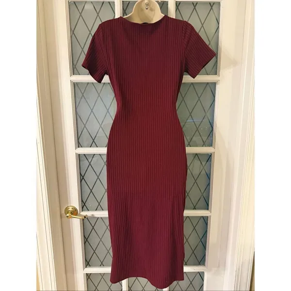 Ribbed Tie Front Midi Dress Burgundy Size Small - Image 3