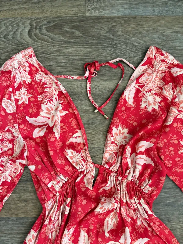 Free People Red Pink Floral Open Back Mini Dress Romantic Fairy Boho S - Image 2