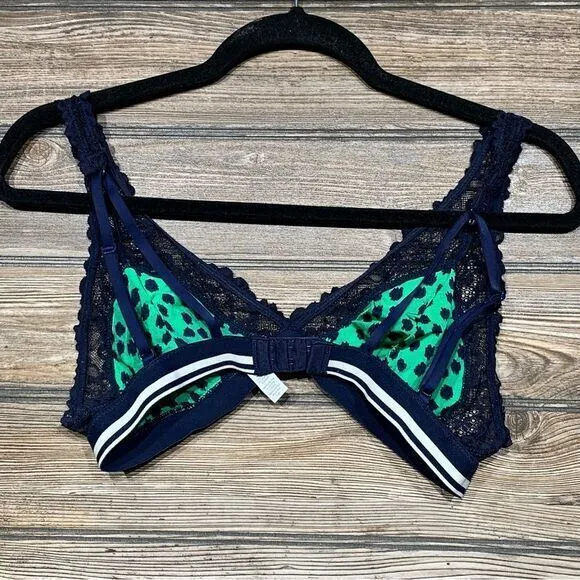 Aerie Womens Green Leopard Navy Lace Triangle‎ Bralette Striped Band Medium - Image 2