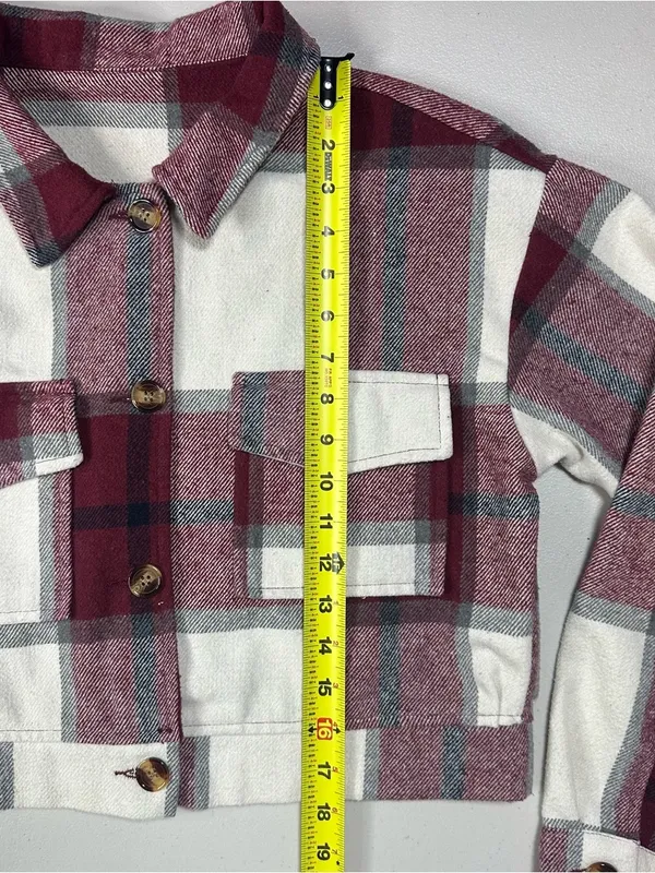 Women’s Cropped Plaid Shacket Jacket Burgundy Cream Size M Button Front - Image 6
