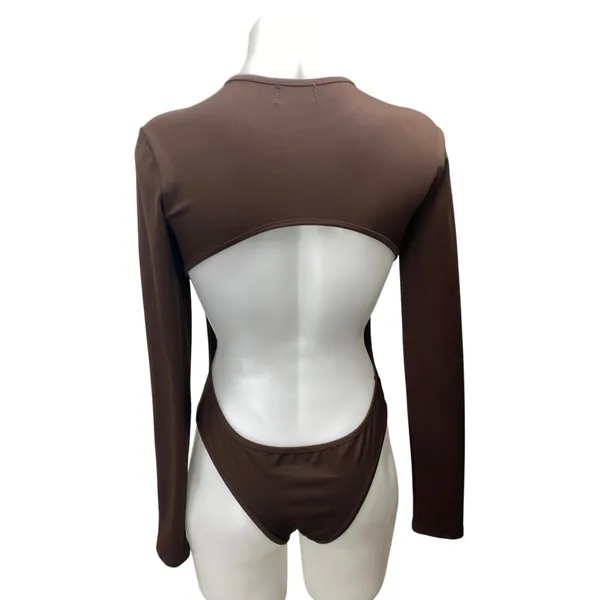 Edikted Brown Long Sleeve Crew Neck Open Back Cutout T Shirt Bodysuit Top Size S - Image 2