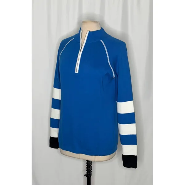 NEVE Quarter Zip Ski Sweater Blue White Striped Black Cuffs 100% Cotton X-Large - Image 5