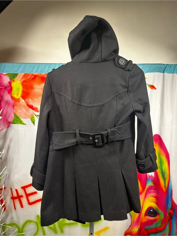 W6Sugarfly- Black Hooded Wool-Blend Pea Coat with Teal Lining - Image 5