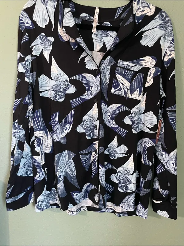 New Soma Piped Long Sleeve Notch Pajama Top Size Medium Whimsical Wings Black - Image 7