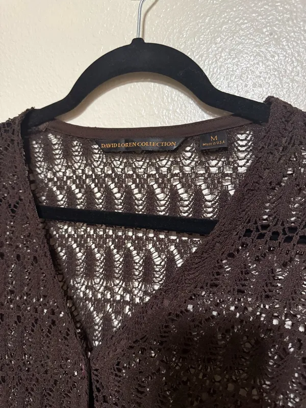 Boho Crochet Knit Long Cardigan Duster Brown Sheer Button Front Layer Sweater M - Image 3