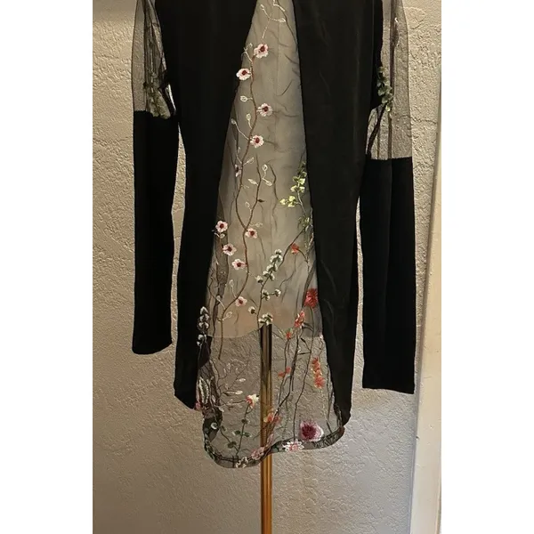 DUO DUO HI/LOW Sheer EMBROIDERED Top LG Tie Front Open Back Coquette Girly Goth - Image 2