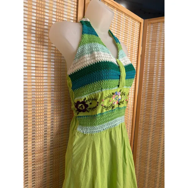 Boho Chic green crochet floral embroider halter cotton dress high low skirt sz S - Image 5