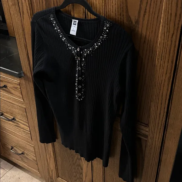 Vintage GAP Angora Henley Sweater‎ Womens Black Ribbed Beaded Cotton Wool Large - Image 2