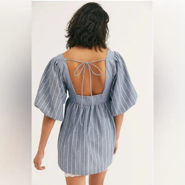 Free People Blue and White Textured Dress - Image 2