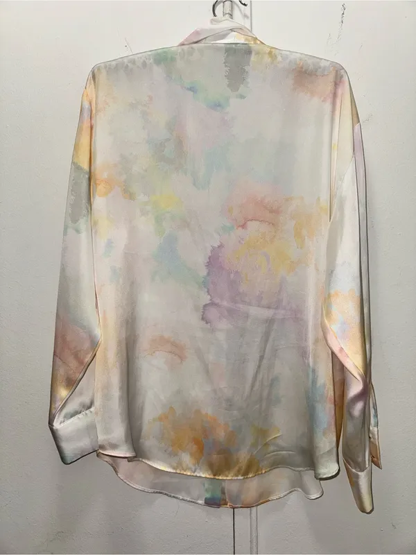 Zara Silky Pastel Watercolor-Print Button-Up Blouse Large - Image 5