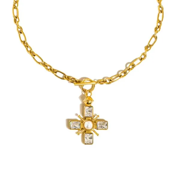 Chunky gold cross necklace with pearl and toggle clasp - Image 6