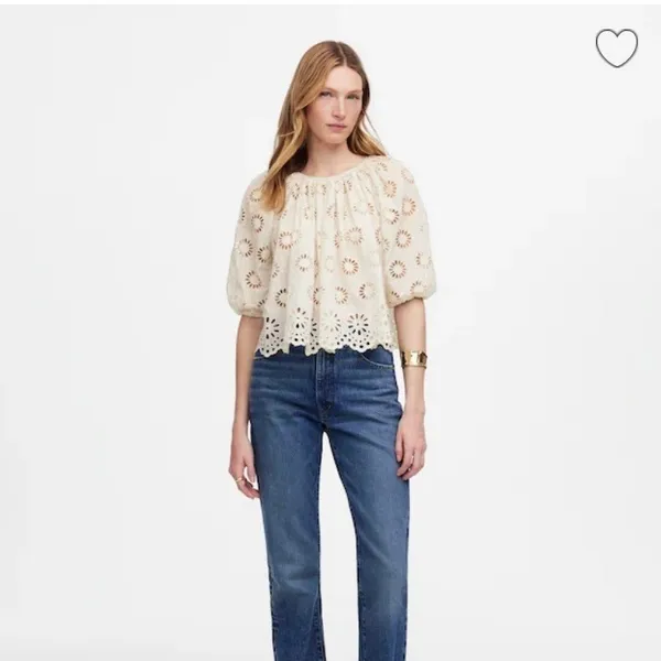 Madewell‎ Top Womens 2XS Embroidered Shirred Puff Sleeve Eyelet Cream NV195 - Image 2