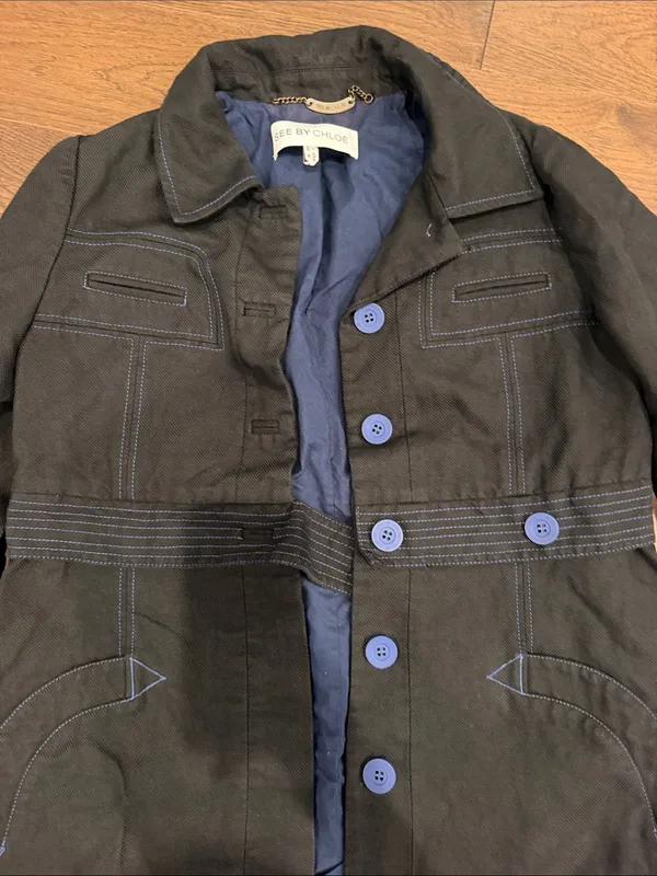 See by Chloe Black Trench Coat with Light Blue Accents Size 6 - C11 - Image 4