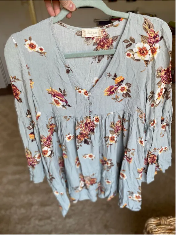Altar’d State Blue Floral Babydoll Mini Dress Boho Cottagecore Romantic Earthy M - Image 4