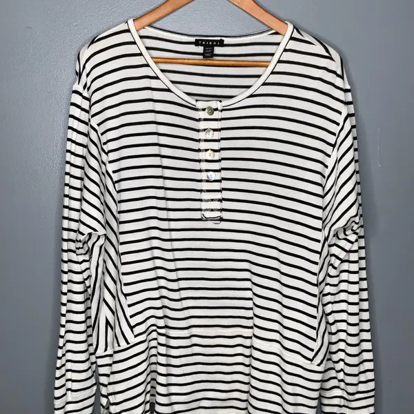 Tribal Black and White Striped Blouse Henley Tunic XL - Image 2