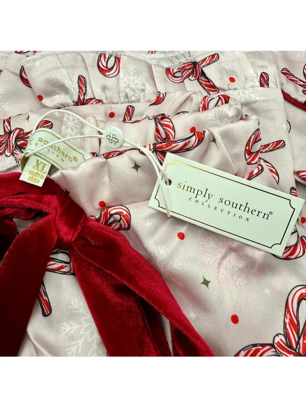 Simply Southern Candycane Bow Christmas Pajama Set Pink Satin XL Holiday PJs NWT - Image 14