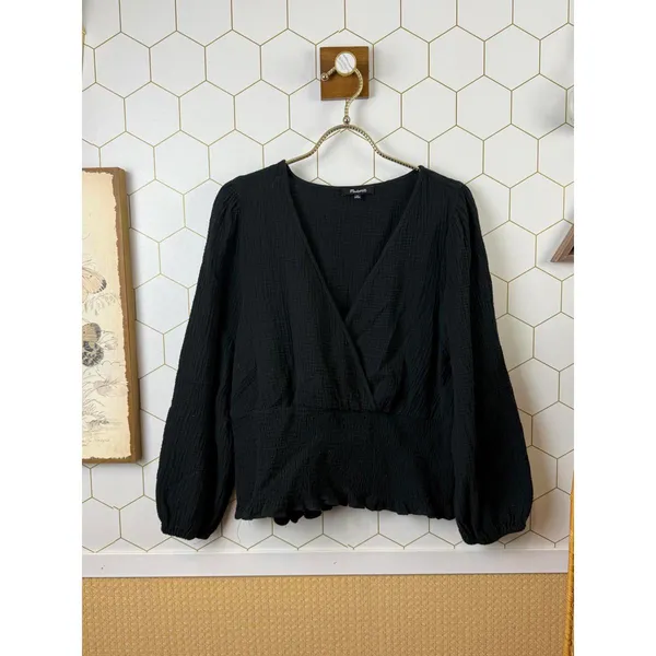 Madewell Black Lightspun Julianne Smocked-Waist Wrap Blouse - Size - 1X - Image 6