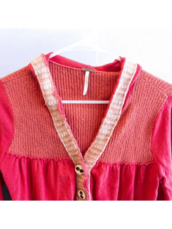 Free People Elga Babydoll Wool Hooded Cardigan Red Women XS - Image 4
