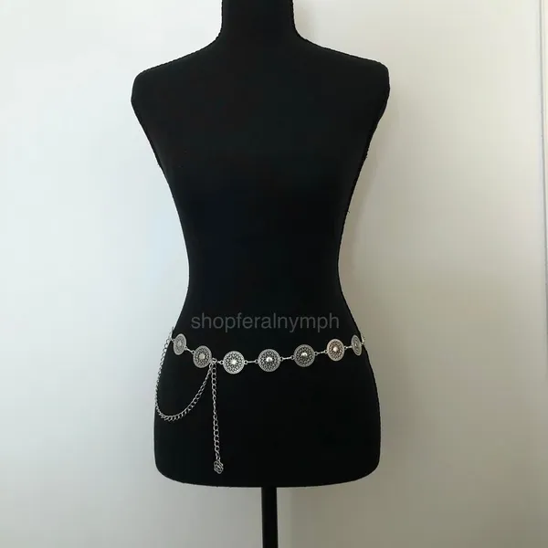 Vintage Y2K Boho Silver Mandala Circle Chain Belt, Fits 26.5–46 Inches, X7GA1166 - Image 3