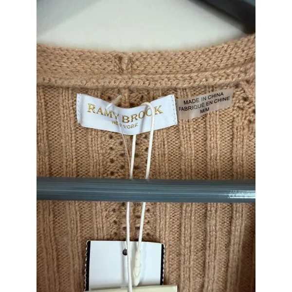 Ramy Brook Sweater NWT Women M Camel Ribbed V-Neck Wool Cashmere Balloon Sleeve - Image 6