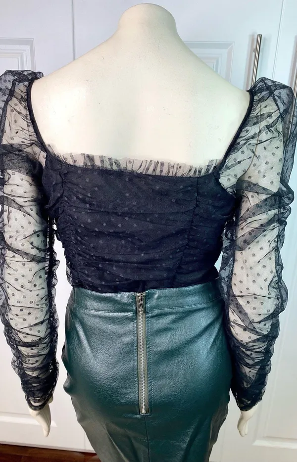 VICI Benefit Polka Dot Ruched Gathered Sleeve Mesh Tulle Top by Free the Roses - Image 9