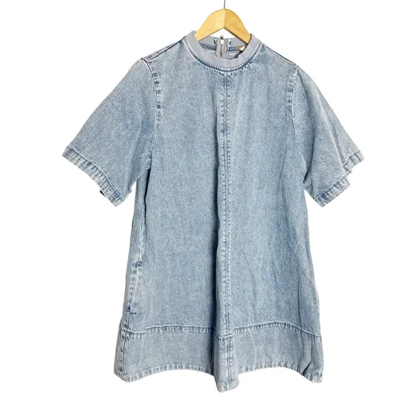 Free People Harlow Blue Denim Short Sleeve Shift A-Line Mini Dress Size XS - Image 3