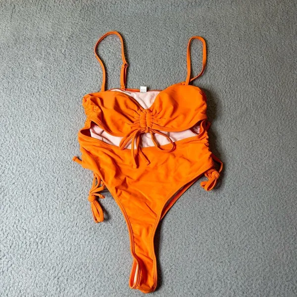 Swimwear Womens M Orange Cut Out Spaghetti Strap One Piece Swimsuit NEW‎ - Image 2