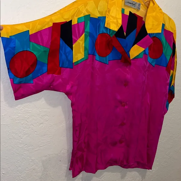 Vintage Adrianna Papell Bright Short Sleeve Silk Blouse Vibrant Blouse Retro - Image 6