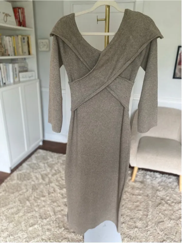 Pretty Lavish Bodycon Midi Dress Taupe Off Shoulder Knit Neutral Quiet Luxur NEW - Image 3