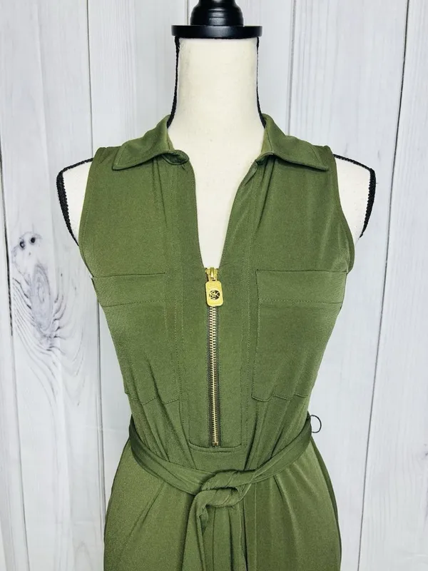 Michael Michael Kors Sleeveless Midi Dress with Belt Tie Olive Green Sz XS - Image 2