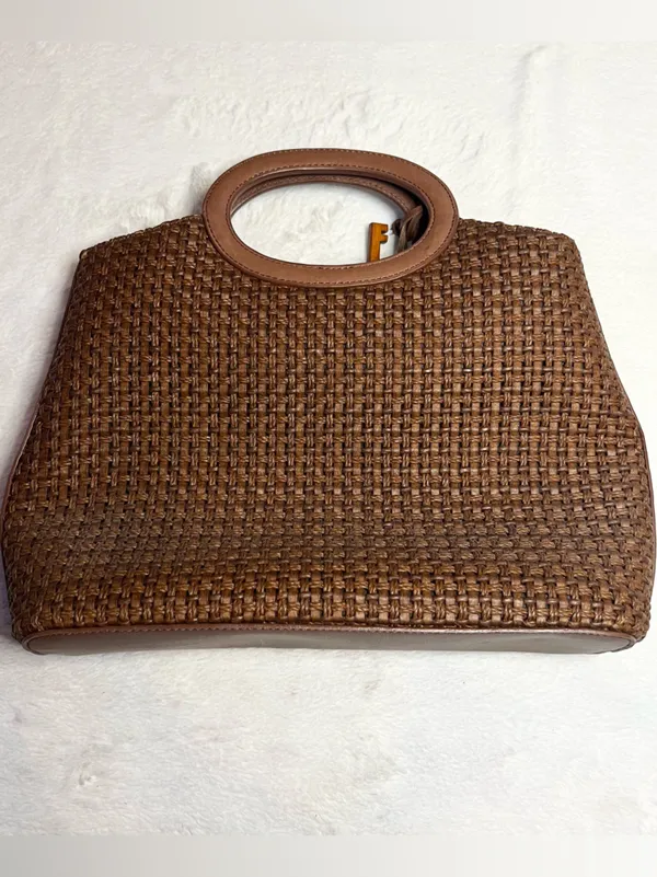 Vintage Fossil Brown Woven Tote Bag with Leather Trim & Logo Key Charm - Image 5