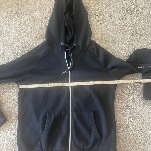 Bebe Black Full-Zip Logo Tape Sleeve Hoodie Jacket Sz L - Image 5