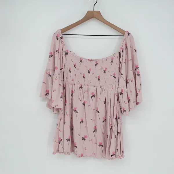 Free People Pink Floral Smocked Square Neck Bell Sleeve Blouse‎ Top M - Image 2