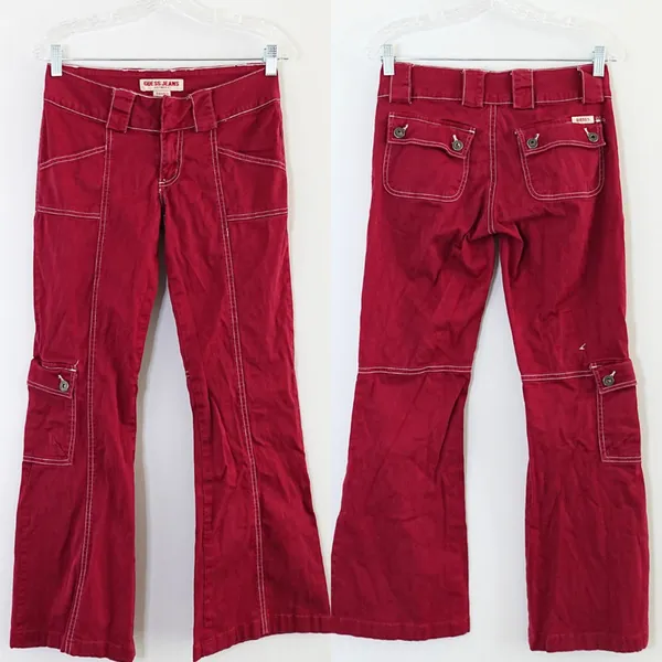 Vintage Y2K Guess Jeans Cherry Red Bootcut Flare Leg Low Rise Pants Size 26 - Image 2