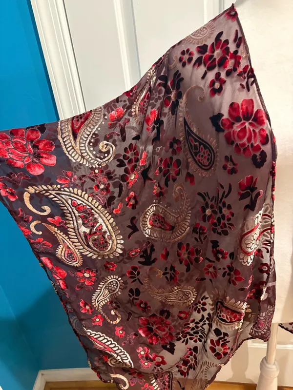Loft Burnout Velvet Paisley Floral Sheer Kimono top maroon one size boho - Image 2