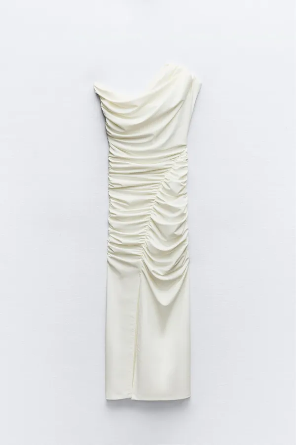 ZARA Sad maxi dress ruched stretch white wedding Elegant White One-Shoulder evening - Image 14