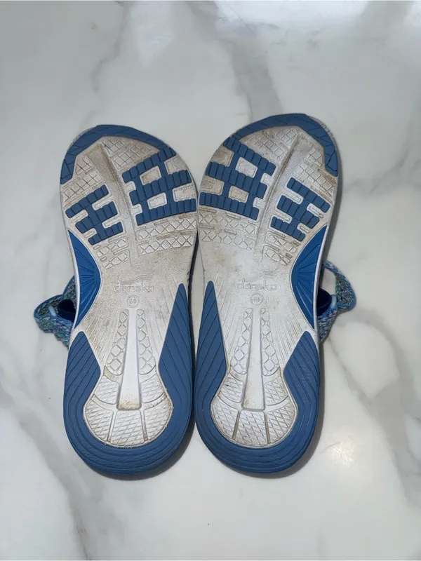 Dansko Light Blue Slide Sandals with Multicolor Woven Straps - Image 7
