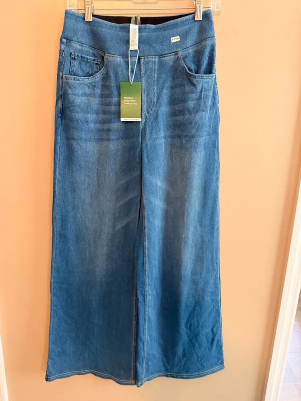 Halara M Wide Leg Denim Pants Elastic Waistband Blue Wash Womens M Comfortable S - Image 7