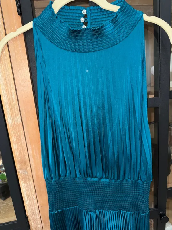 ALC Frank Renzo maxi dress Sleeveless Smocked Pleated teal satin high neck wedding - Image 9