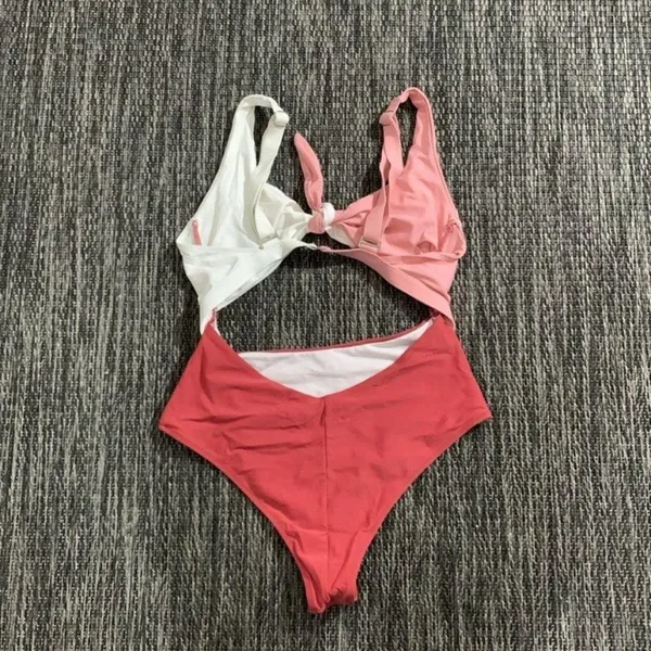 Shein One-Piece Swimsuit Women's Pink and White Size Medium - Image 2