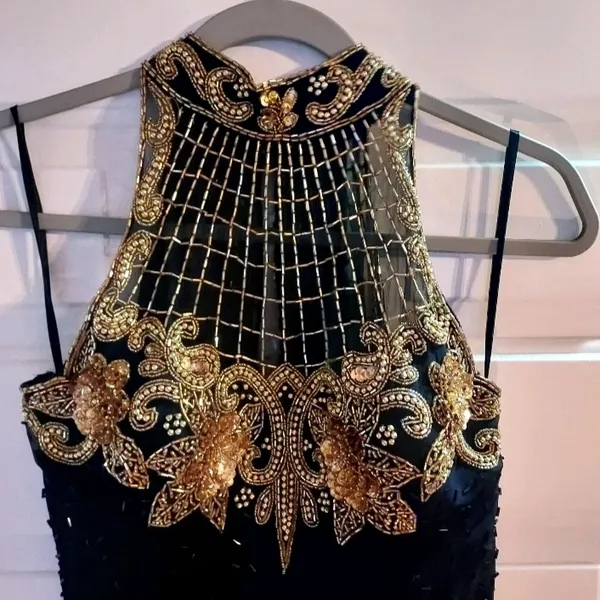 Ted LapidusBlack and Gold Strapless High Neck All Over Beaded Evening Gown Dress - Image 2